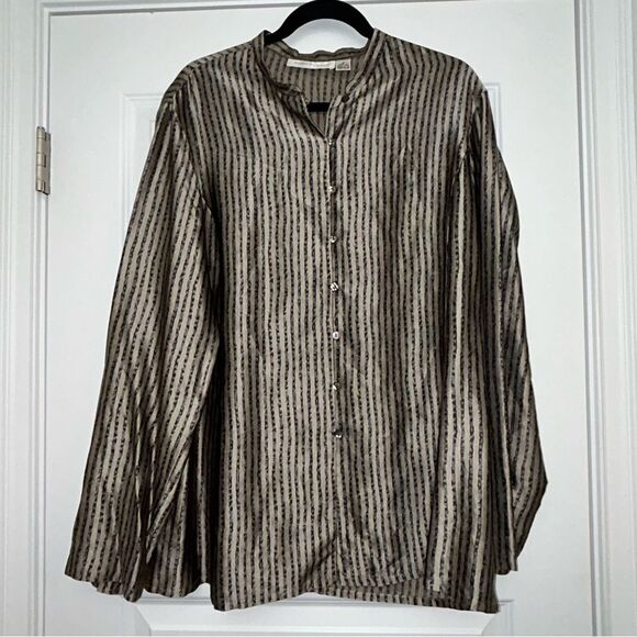 Vintage Anne Klein II Stripe Print Loop Button Front Silk Shirt Blouse Tunic Top - Picture 4 of 9